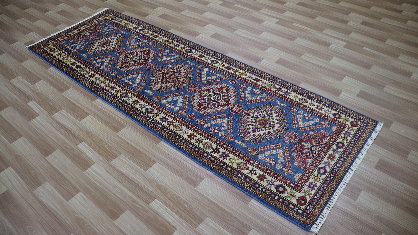 8 Ft Oriental Kazak Runner Rug, Afghan Hand Knotted Wool Traditional Rectangle Carpet, Entryway Rug, Hallway Rug, Kitchen Rug, Foyer Rug