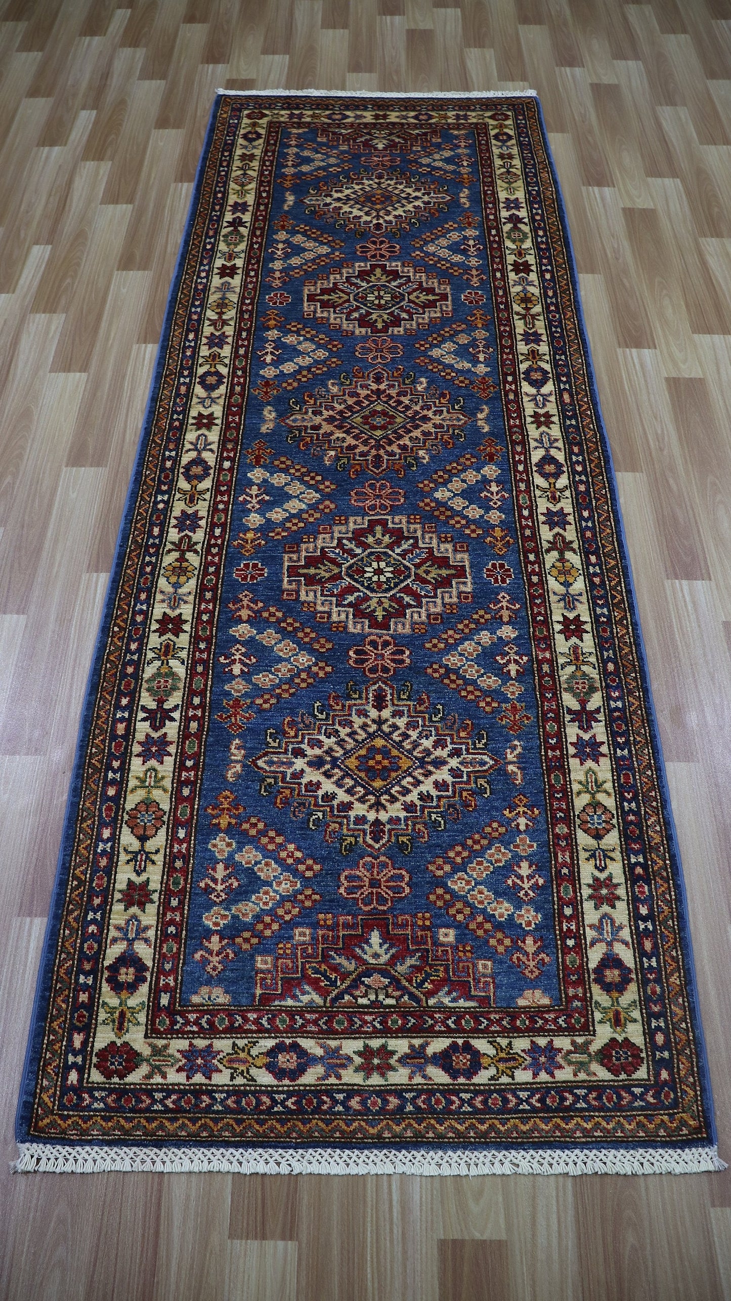 8 Ft Oriental Kazak Runner Rug, Afghan Hand Knotted Wool Traditional Rectangle Carpet, Entryway Rug, Hallway Rug, Kitchen Rug, Foyer Rug