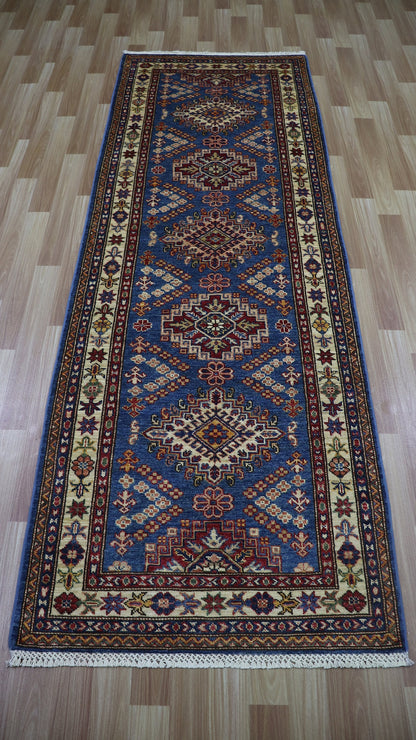 8 Ft Oriental Kazak Runner Rug, Afghan Hand Knotted Wool Traditional Rectangle Carpet, Entryway Rug, Hallway Rug, Kitchen Rug, Foyer Rug