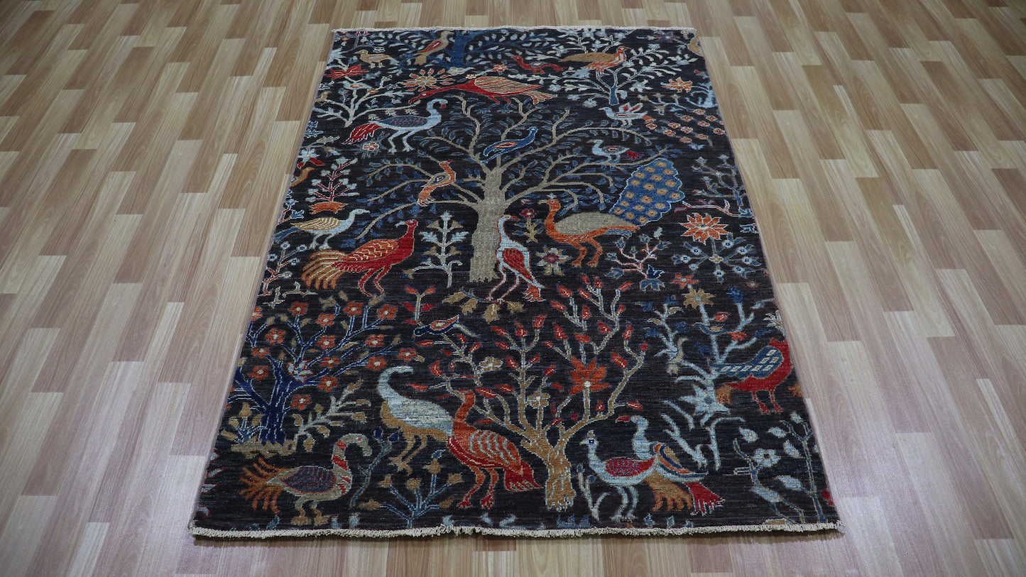 4x6 ft Birds Design Area Rug, Black Afghan Bird Hand Knotted Wool Traditional Rectangle Carpet, Rugs For Living Room, Bedroom Rug, Kids Rug