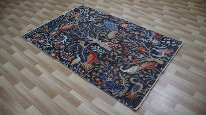 4x6 ft Birds Design Area Rug, Black Afghan Bird Hand Knotted Wool Traditional Rectangle Carpet, Rugs For Living Room, Bedroom Rug, Kids Rug