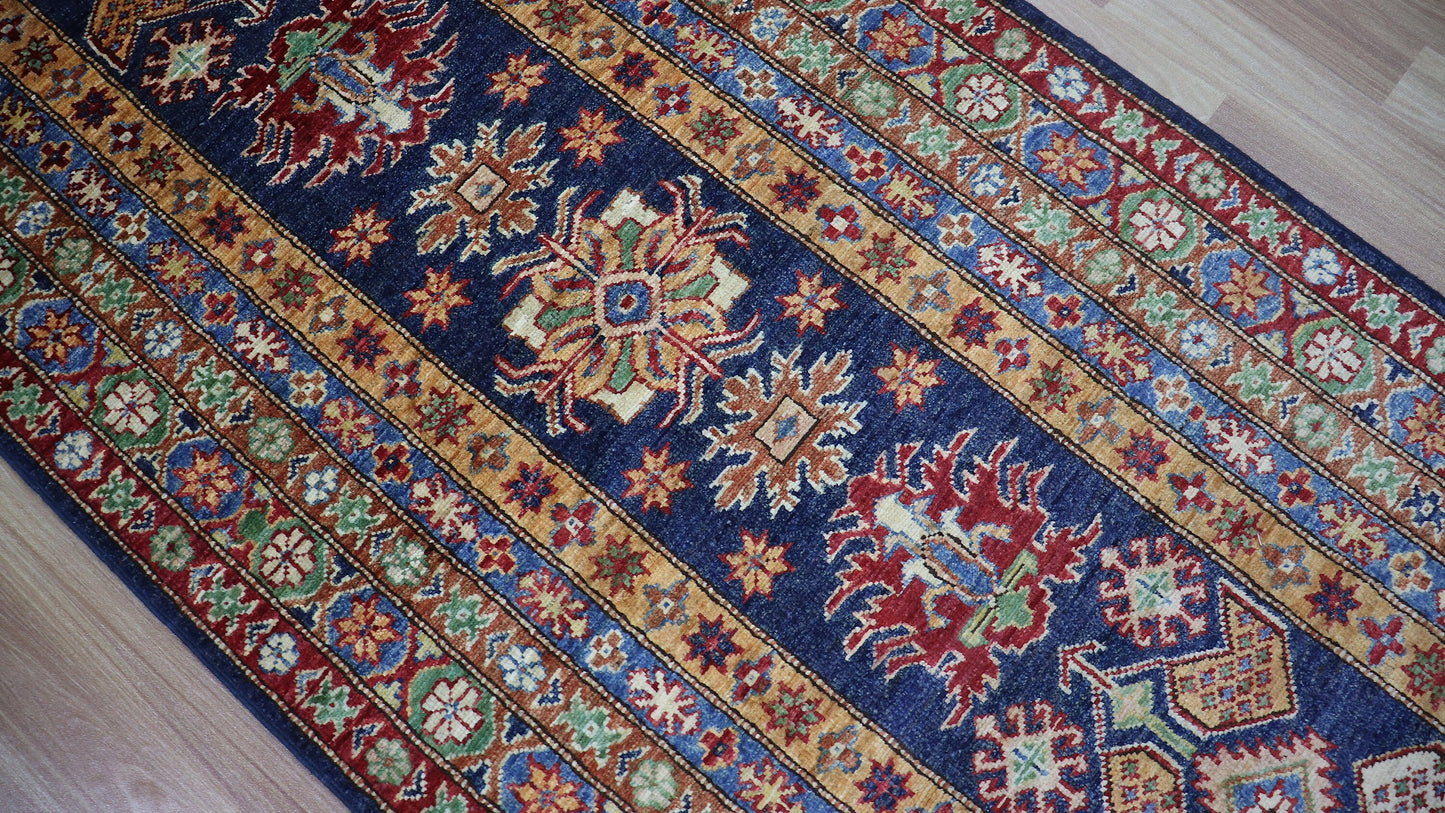 10 Ft Oriental Kazak Runner Rug, Afghan Hand Knotted Wool Traditional Rectangle Carpet, Entryway Rug, Hallway Rug, Kitchen Rug, Foyer Rug