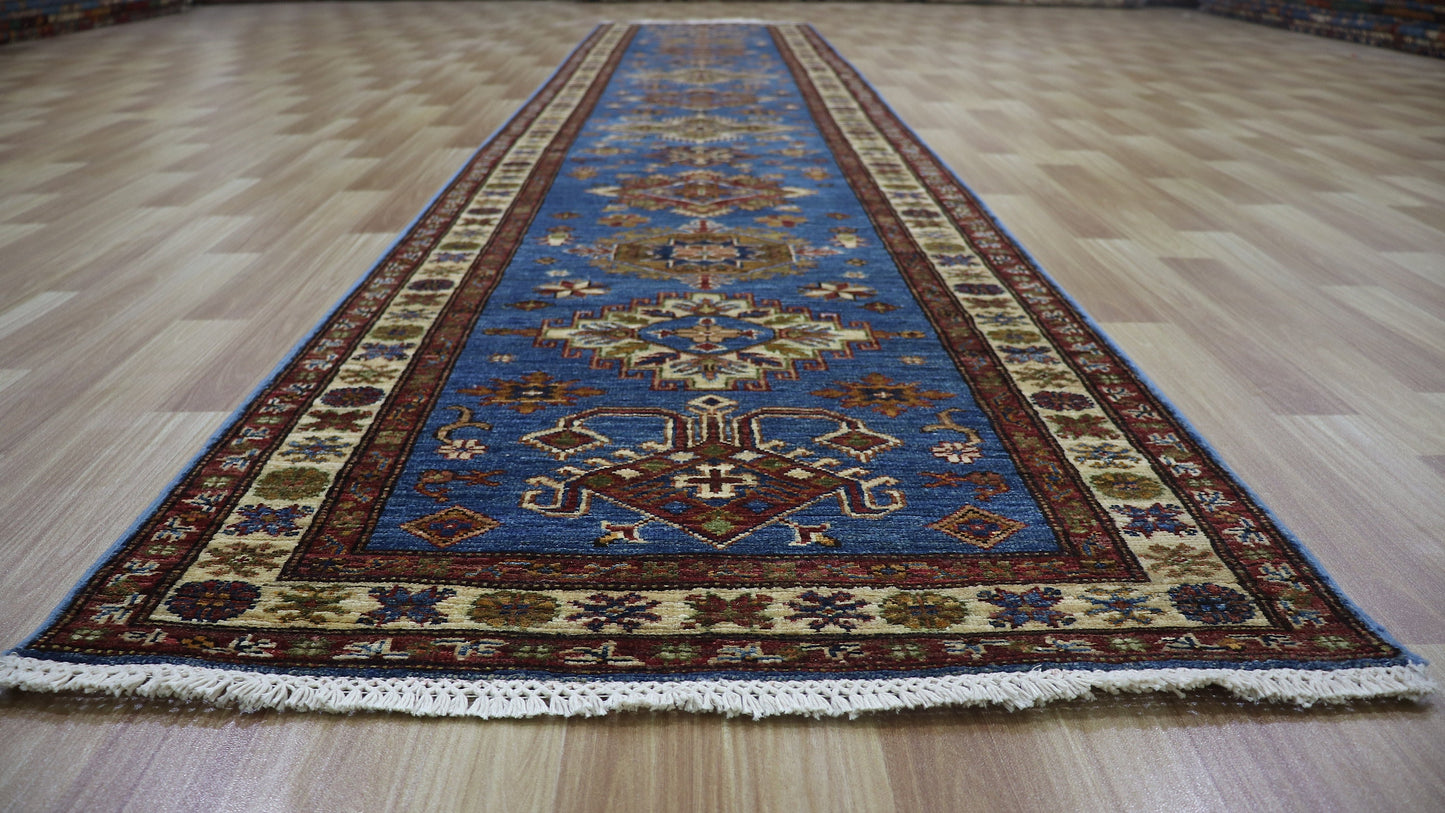 13 Ft Oriental Kazak Long Runner Rug, Blue Afghan Hand Knotted Wool Traditional Carpet, Entryway Rug, Hallway Rug, Kitchen Rug, Foyer Rug