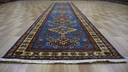 13 Ft Oriental Kazak Long Runner Rug, Blue Afghan Hand Knotted Wool Traditional Carpet, Entryway Rug, Hallway Rug, Kitchen Rug, Foyer Rug