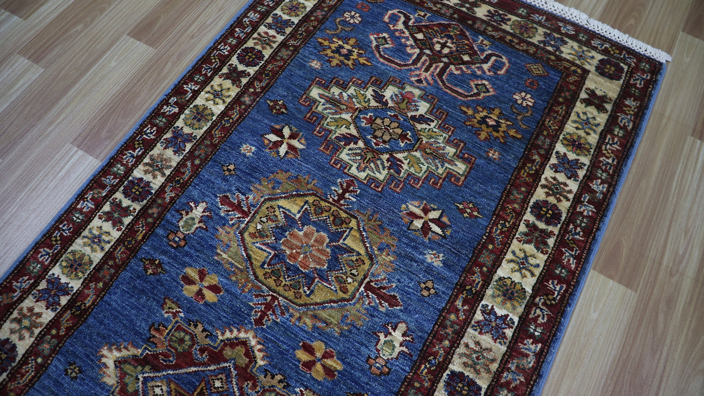 13 Ft Oriental Kazak Long Runner Rug, Blue Afghan Hand Knotted Wool Traditional Carpet, Entryway Rug, Hallway Rug, Kitchen Rug, Foyer Rug