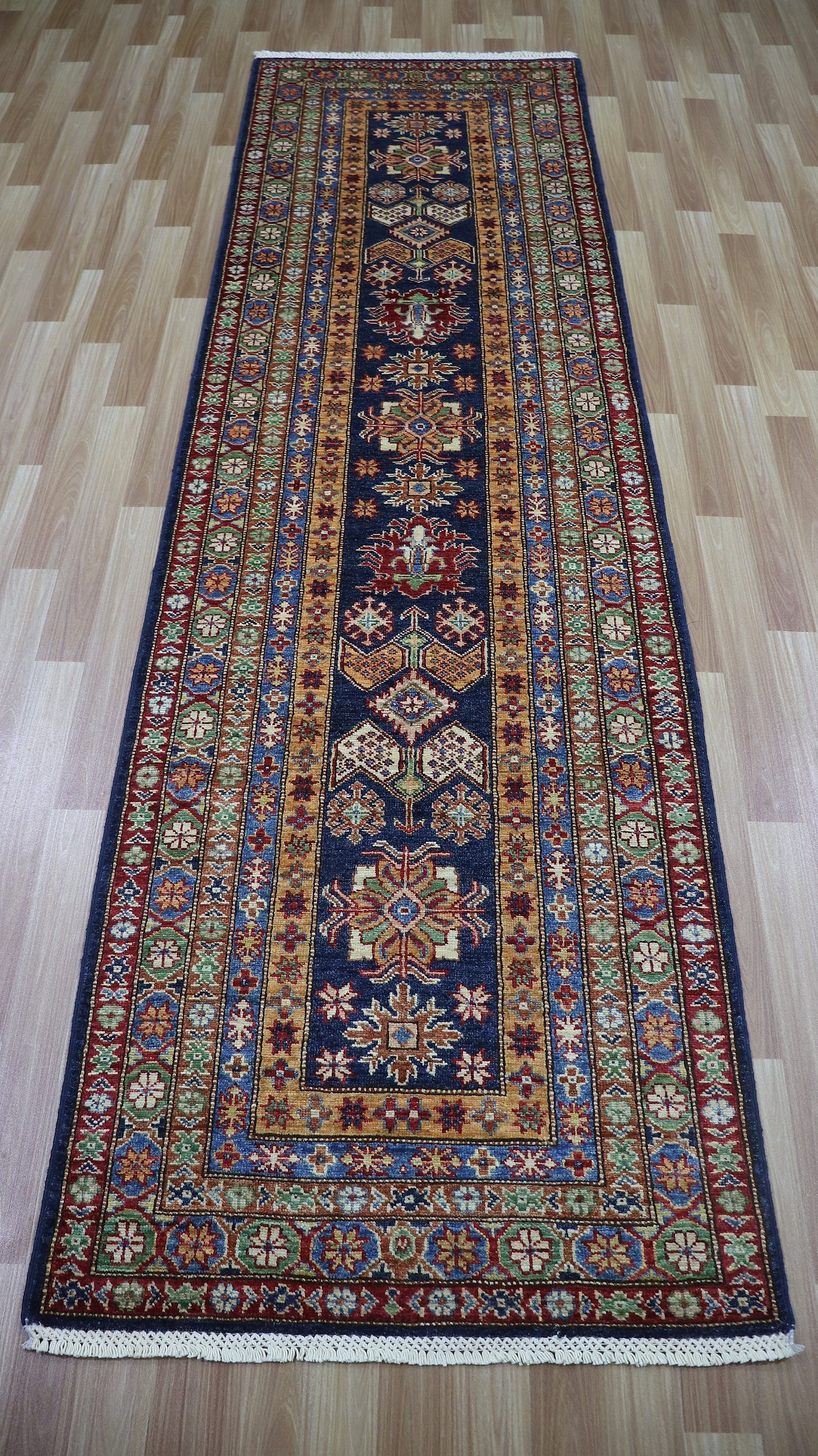 10 Ft Oriental Kazak Runner Rug, Afghan Hand Knotted Wool Traditional Rectangle Carpet, Entryway Rug, Hallway Rug, Kitchen Rug, Foyer Rug