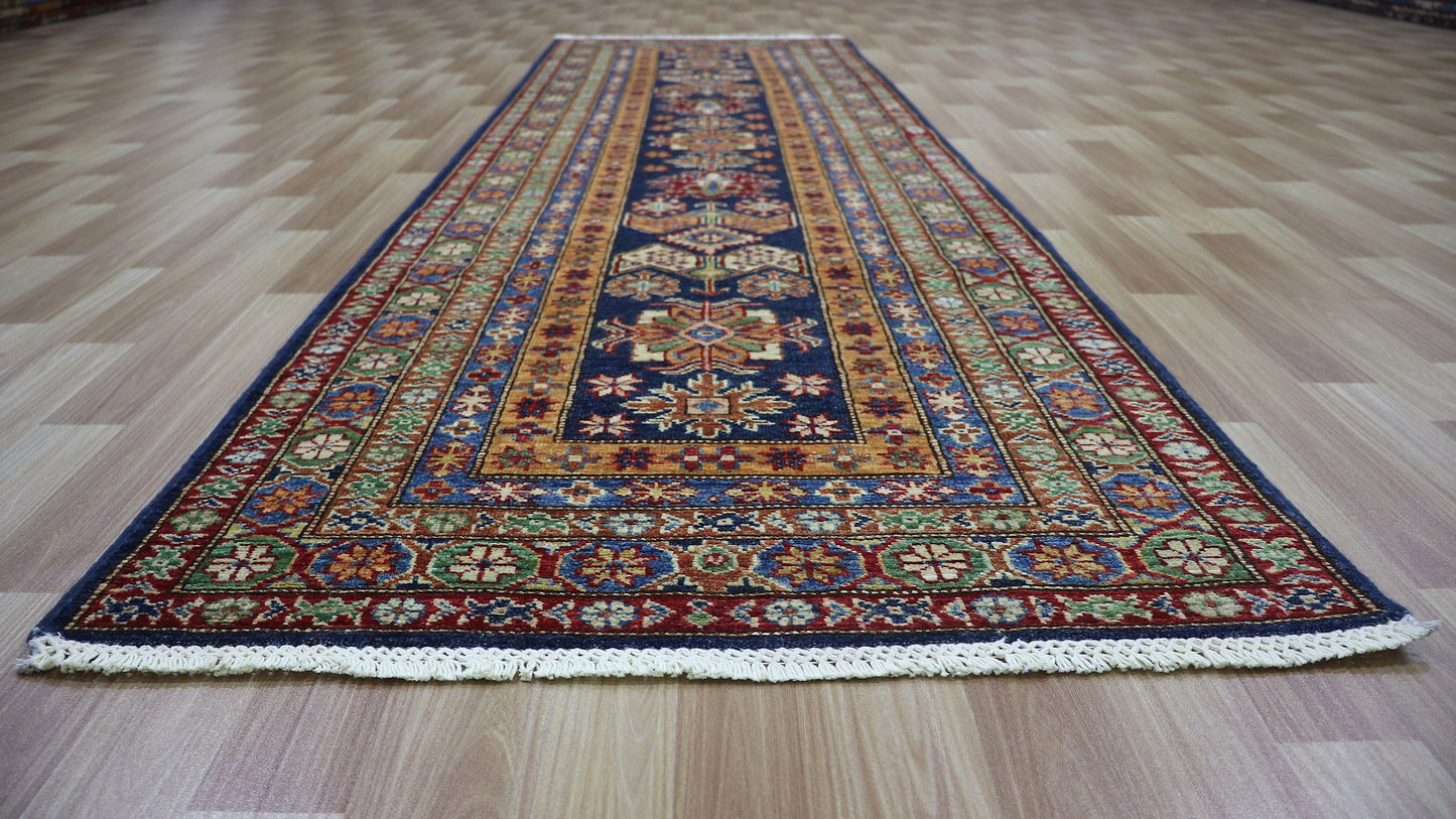 10 Ft Oriental Kazak Runner Rug, Afghan Hand Knotted Wool Traditional Rectangle Carpet, Entryway Rug, Hallway Rug, Kitchen Rug, Foyer Rug