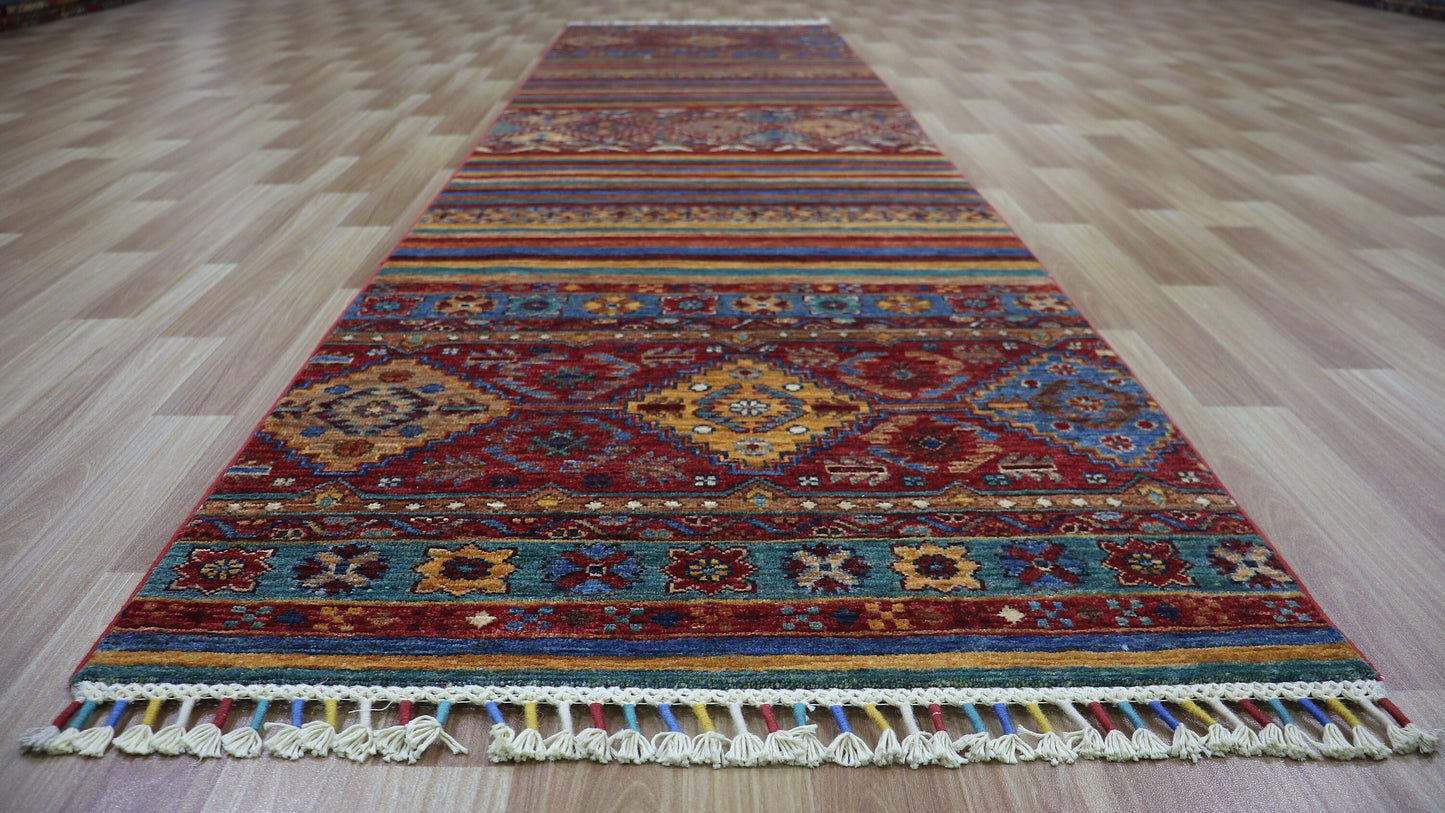 10 Ft Oriental Khorjin Runner Rug, Afghan Hand Knotted Wool Traditional Rectangle Carpet, Entryway Rug, Hallway Rug, Kitchen Rug, Foyer Rug