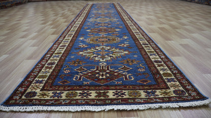 13 Ft Kazak Oriental Long Runner Rug, Blue Afghan Hand Knotted Wool Traditional Carpet, Entryway Rug, Hallway Rug, Kitchen Rug, Stair Rug