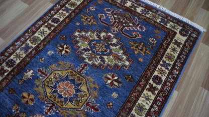 13 Ft Kazak Oriental Long Runner Rug, Blue Afghan Hand Knotted Wool Traditional Carpet, Entryway Rug, Hallway Rug, Kitchen Rug, Stair Rug