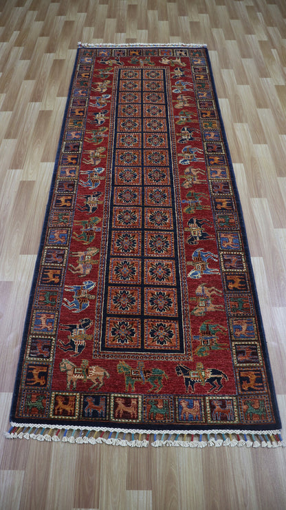 8 Ft Animal Design Pazyryk Runner Rug, Red Afghan Hand Knotted Wool Traditional Carpet, Entryway Rug, Hallway Rug, Kitchen Rug, Foyer Rug