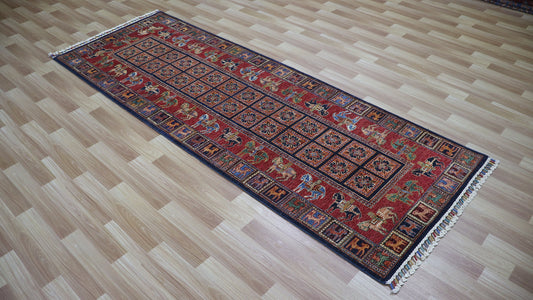 8 Ft Animal Design Pazyryk Runner Rug, Red Afghan Hand Knotted Wool Traditional Carpet, Entryway Rug, Hallway Rug, Kitchen Rug, Foyer Rug