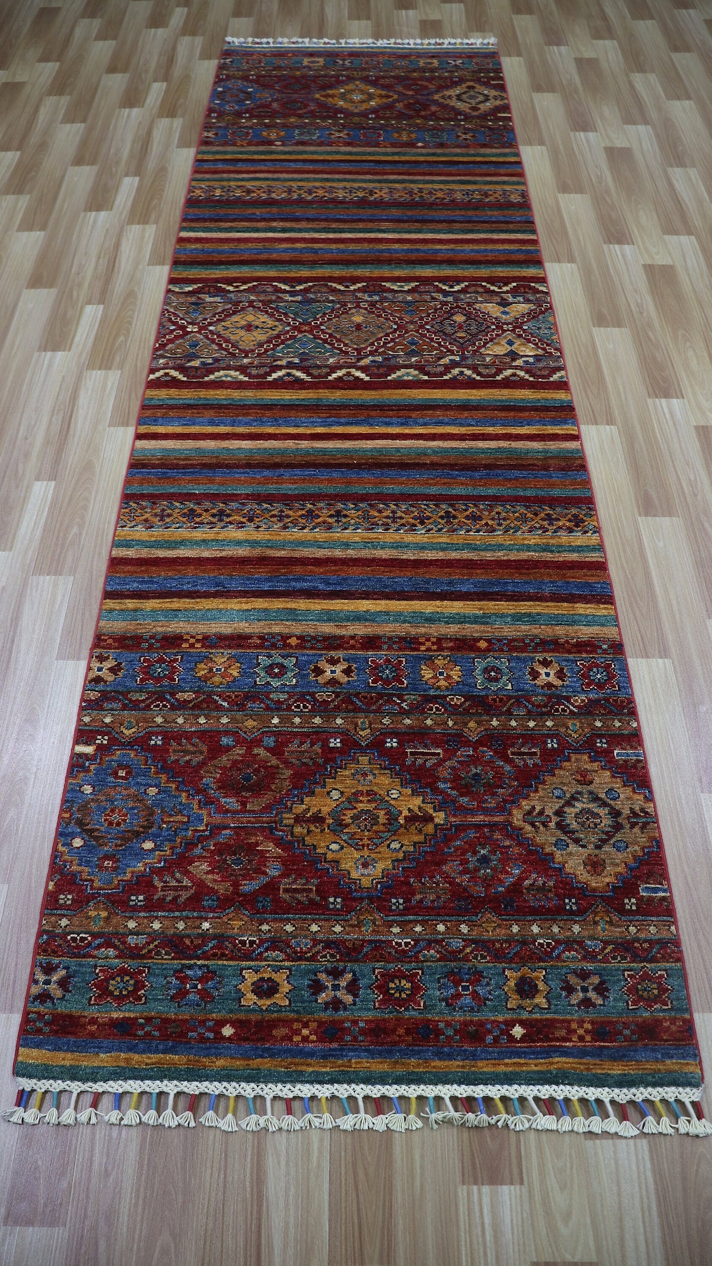 10 Ft Tribal Runner Rug, Red Blue Afghan Hand Knotted Wool Traditional Rectangle Carpet, Entryway Rug, Hallway Rug, Kitchen Rug, Foyer Rug