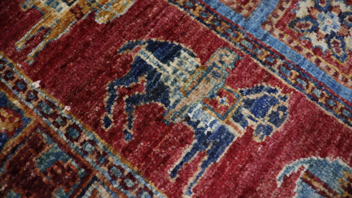 10 Ft Pazyryk Runner Rug, Red Blue Afghan Hand Knotted Wool Traditional Rectangle Carpet, Entryway Rug, Hallway Rug, Kitchen Rug, Foyer Rug