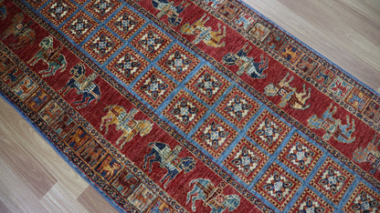 10 Ft Pazyryk Runner Rug, Red Blue Afghan Hand Knotted Wool Traditional Rectangle Carpet, Entryway Rug, Hallway Rug, Kitchen Rug, Foyer Rug