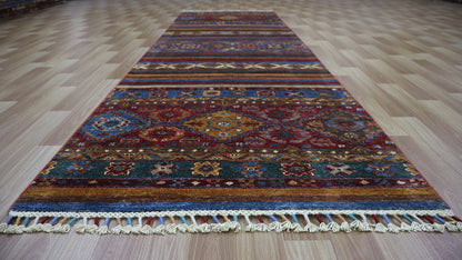 10 Ft Khorjin Runner Rug, Red Blue Afghan Hand Knotted Wool Traditional Rectangle Carpet, Entryway Rug, Hallway Rug, Kitchen Rug, Foyer Rug