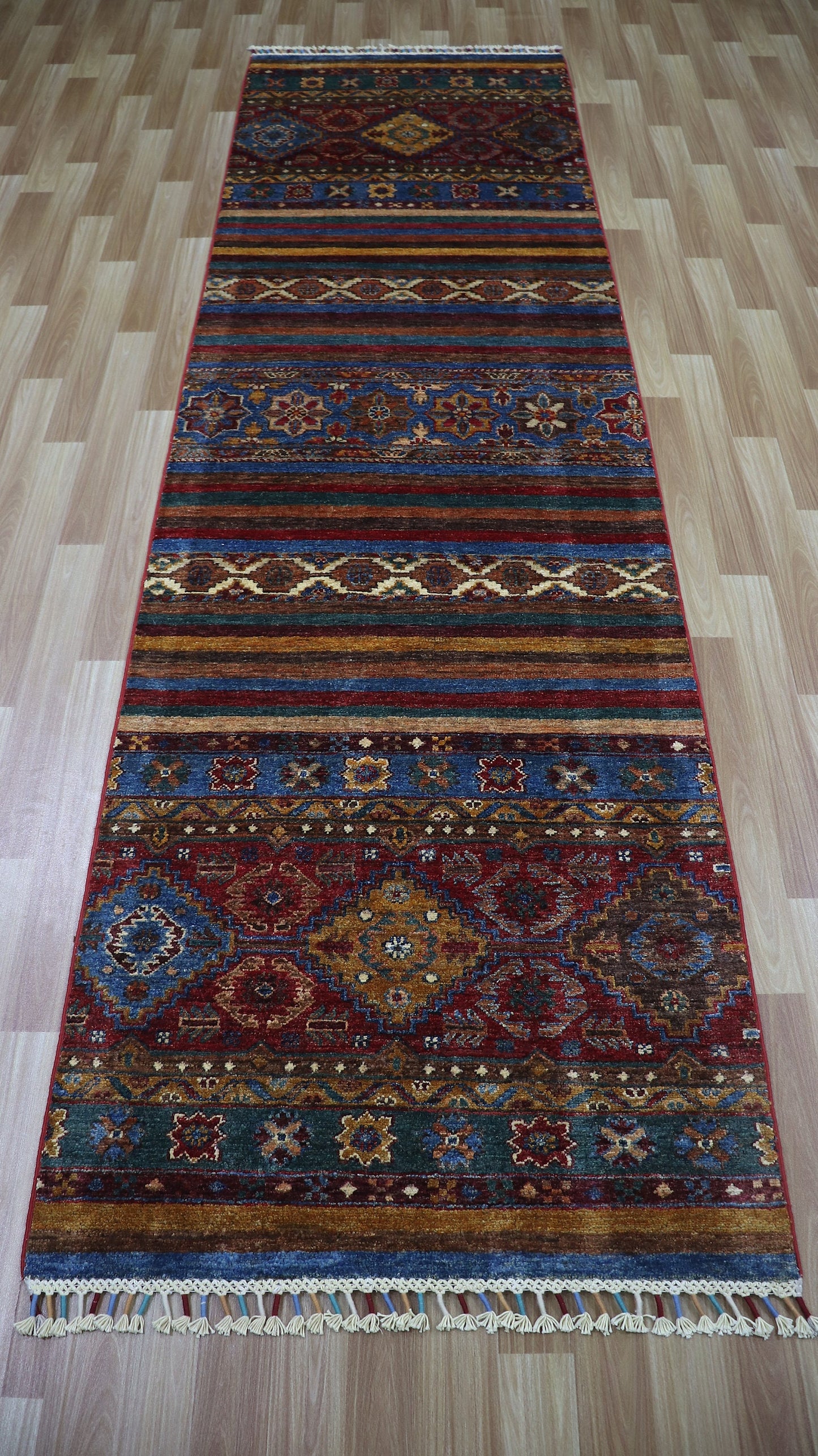 10 Ft Khorjin Runner Rug, Red Blue Afghan Hand Knotted Wool Traditional Rectangle Carpet, Entryway Rug, Hallway Rug, Kitchen Rug, Foyer Rug