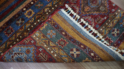 10 Ft Khorjin Runner Rug, Red Blue Afghan Hand Knotted Wool Traditional Rectangle Carpet, Entryway Rug, Hallway Rug, Kitchen Rug, Foyer Rug