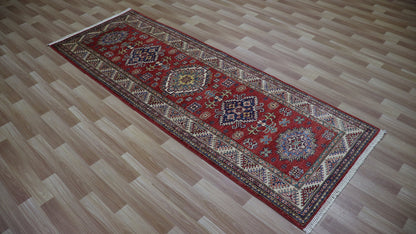 8 Ft Oriental Kazak Runner Rug, Red Afghan Hand Knotted Wool Traditional Rectangle Carpet, Entryway Rug, Hallway Rug, Kitchen Rug, Foyer Rug