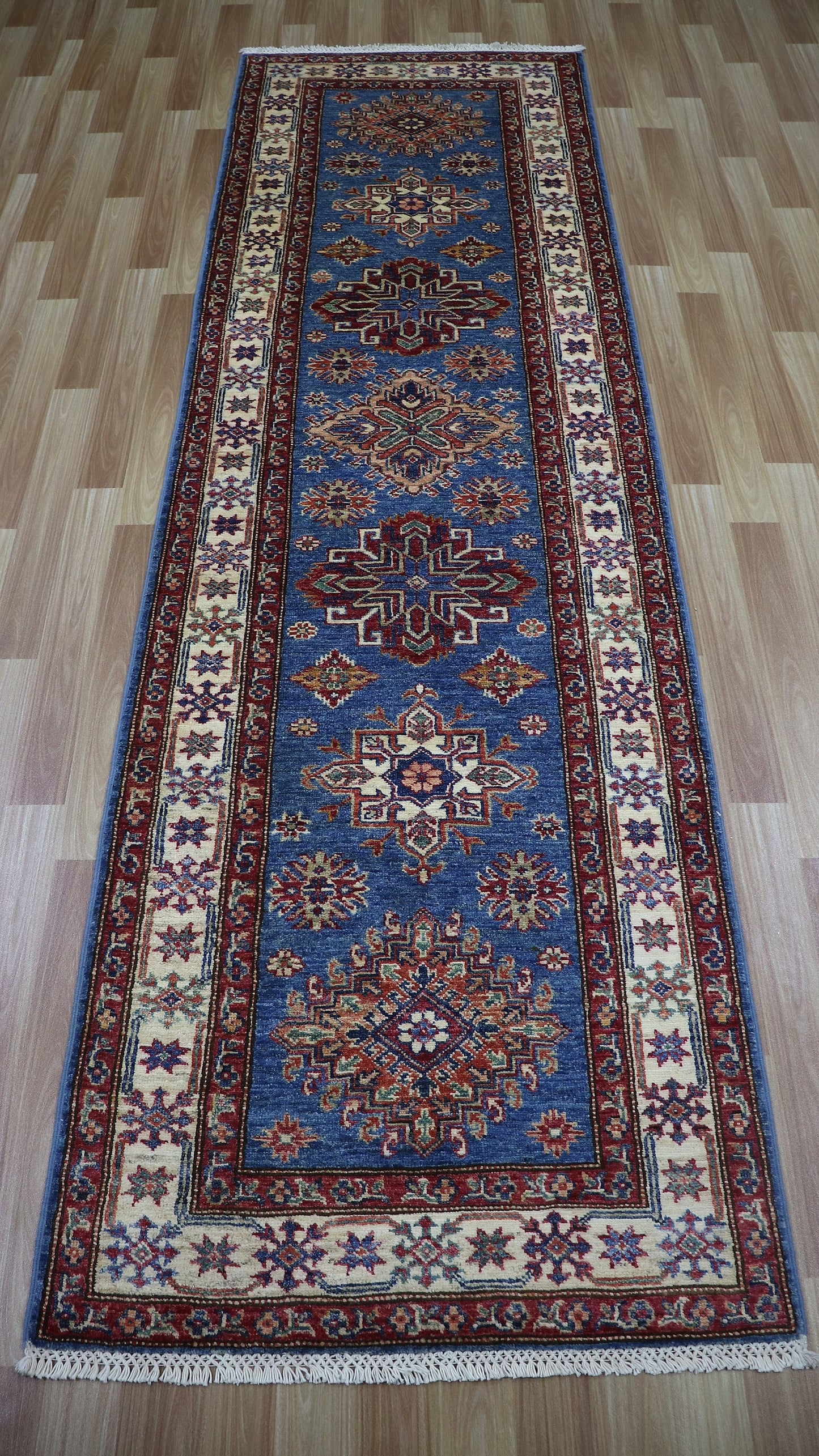 9 Ft Blue Kazak Runner Rug, Afghan Hand Knotted Wool Oriental Rectangle Carpet, Entryway Rug, Hallway Rug, Kitchen Rug, Foyer Rug, Stair Rug