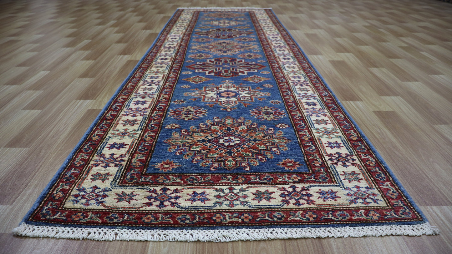 9 Ft Blue Kazak Runner Rug, Afghan Hand Knotted Wool Oriental Rectangle Carpet, Entryway Rug, Hallway Rug, Kitchen Rug, Foyer Rug, Stair Rug