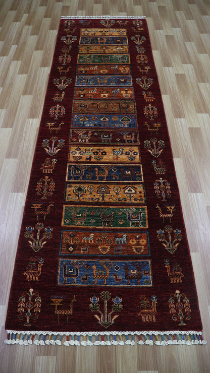 9 Ft Tribal Runner Rug, Rust Red Afghan Hand Knotted Wool Traditional Rectangle Carpet, Entryway Rug, Hallway Rug, Kitchen Rug, Foyer Rug