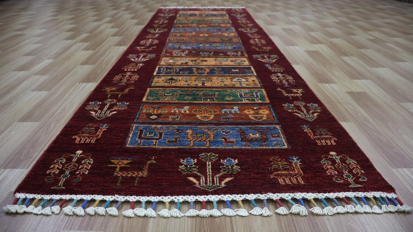 9 Ft Tribal Runner Rug, Rust Red Afghan Hand Knotted Wool Traditional Rectangle Carpet, Entryway Rug, Hallway Rug, Kitchen Rug, Foyer Rug