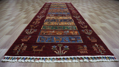 9 Ft Tribal Runner Rug, Rust Red Afghan Hand Knotted Wool Traditional Rectangle Carpet, Entryway Rug, Hallway Rug, Kitchen Rug, Foyer Rug