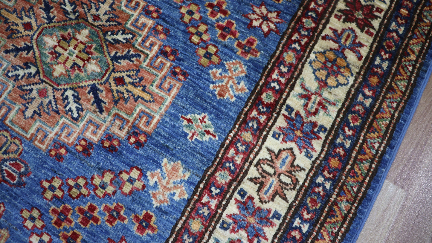 7 Ft Oriental Runner Rug, Blue Biege Afghan Hand Knotted Wool Traditional Rectangle Carpet, Entryway Rug, Hallway Rug, Kitchen Rug,Foyer Rug