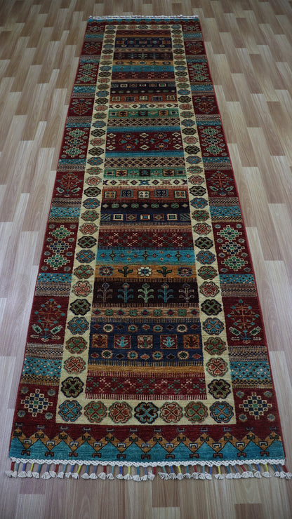 10 Ft Tribal Gabbeh Runner Rug, Red Afghan Hand Knotted Wool Traditional Rectangle Carpet, Entryway Rug, Hallway Rug, Kitchen Rug, Foyer Rug