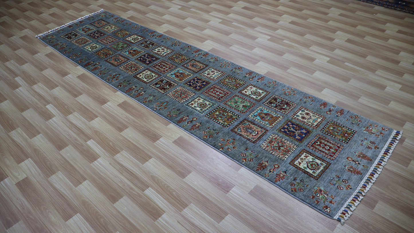 10 Ft Traditional Runner Rug, Gray Afghan Hand Knotted Wool Oriental Rectangle Carpet, Entryway Rug, Hallway Rug, Kitchen Rug, Foyer Rug