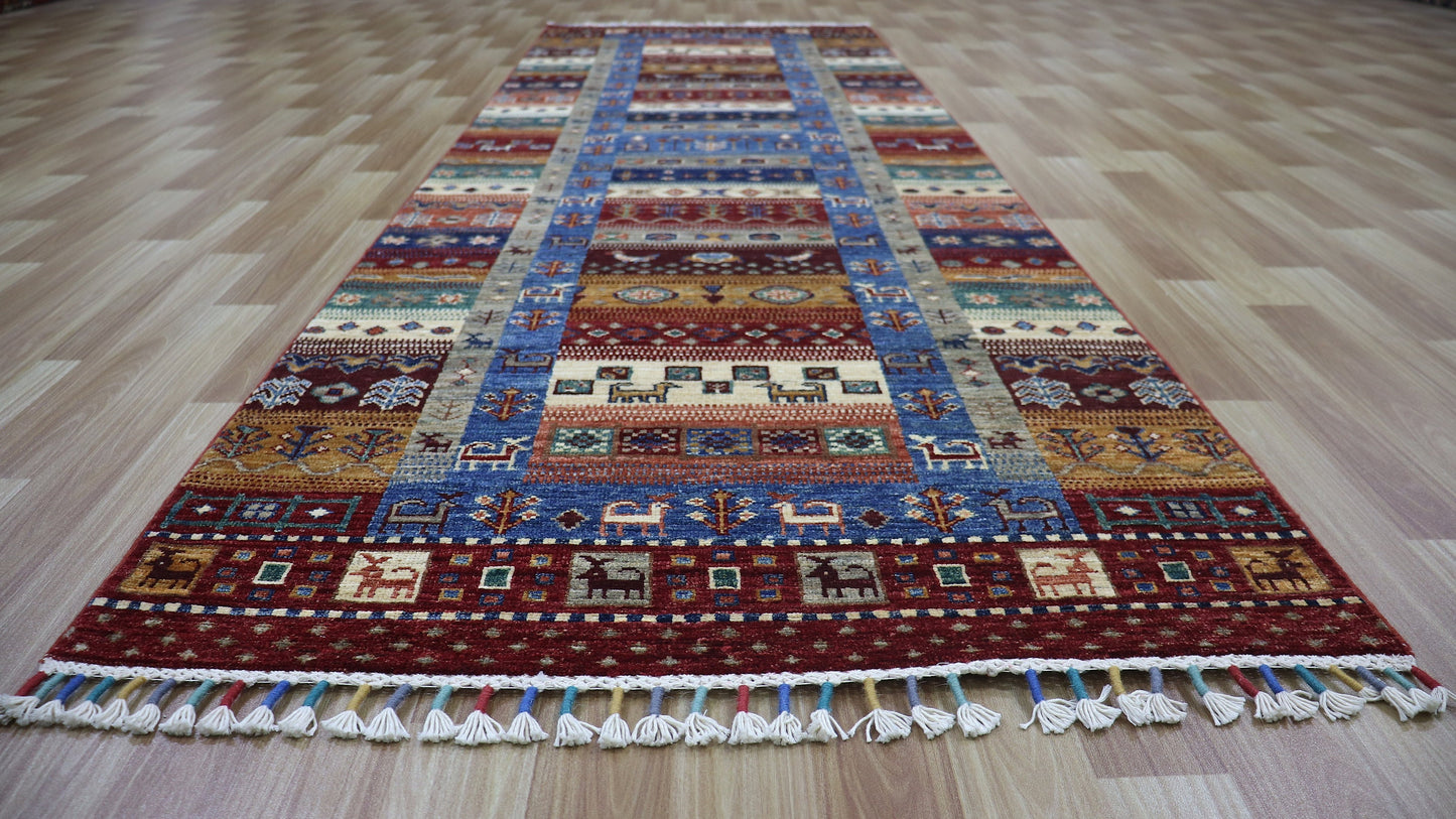 9 Ft Animal Design Runner Rug, Red Afghan Hand Knotted Wool Traditional Rectangle Carpet, Entryway Rug, Hallway Rug, Kitchen Rug, Foyer Rug