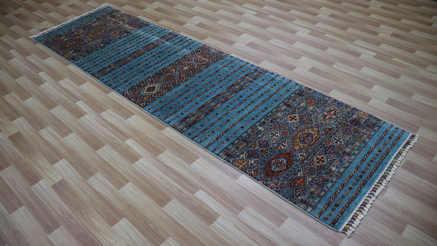 10 Ft Tribal Runner Rug, Blue Afghan Hand Knotted Wool Traditional Rectangle Carpet, Entryway Rug, Hallway Rug, Kitchen Rug, Foyer Rug