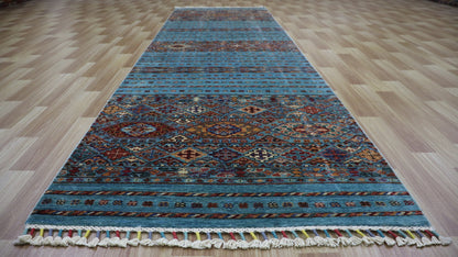 10 Ft Tribal Runner Rug, Blue Afghan Hand Knotted Wool Traditional Rectangle Carpet, Entryway Rug, Hallway Rug, Kitchen Rug, Foyer Rug