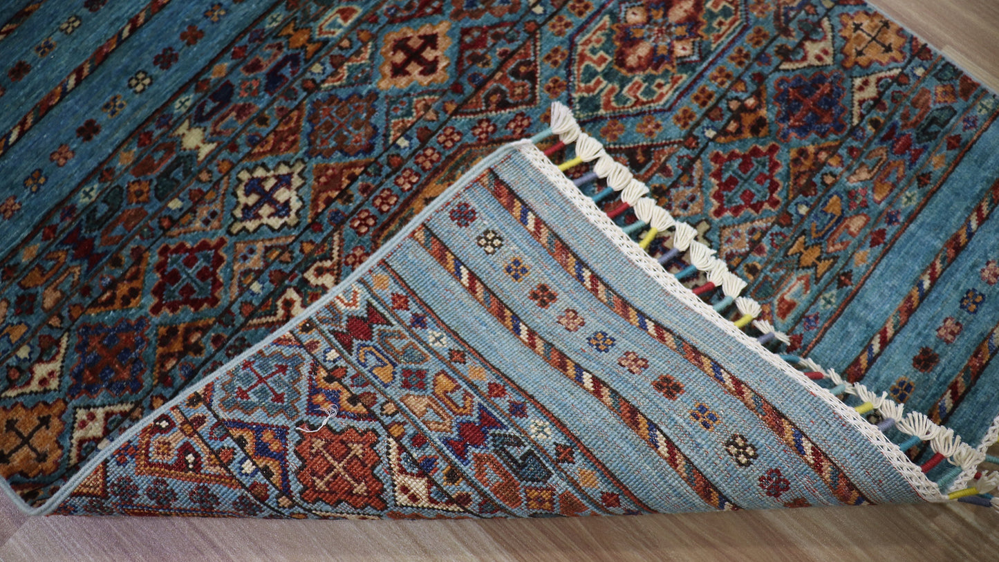 10 Ft Tribal Runner Rug, Blue Afghan Hand Knotted Wool Traditional Rectangle Carpet, Entryway Rug, Hallway Rug, Kitchen Rug, Foyer Rug