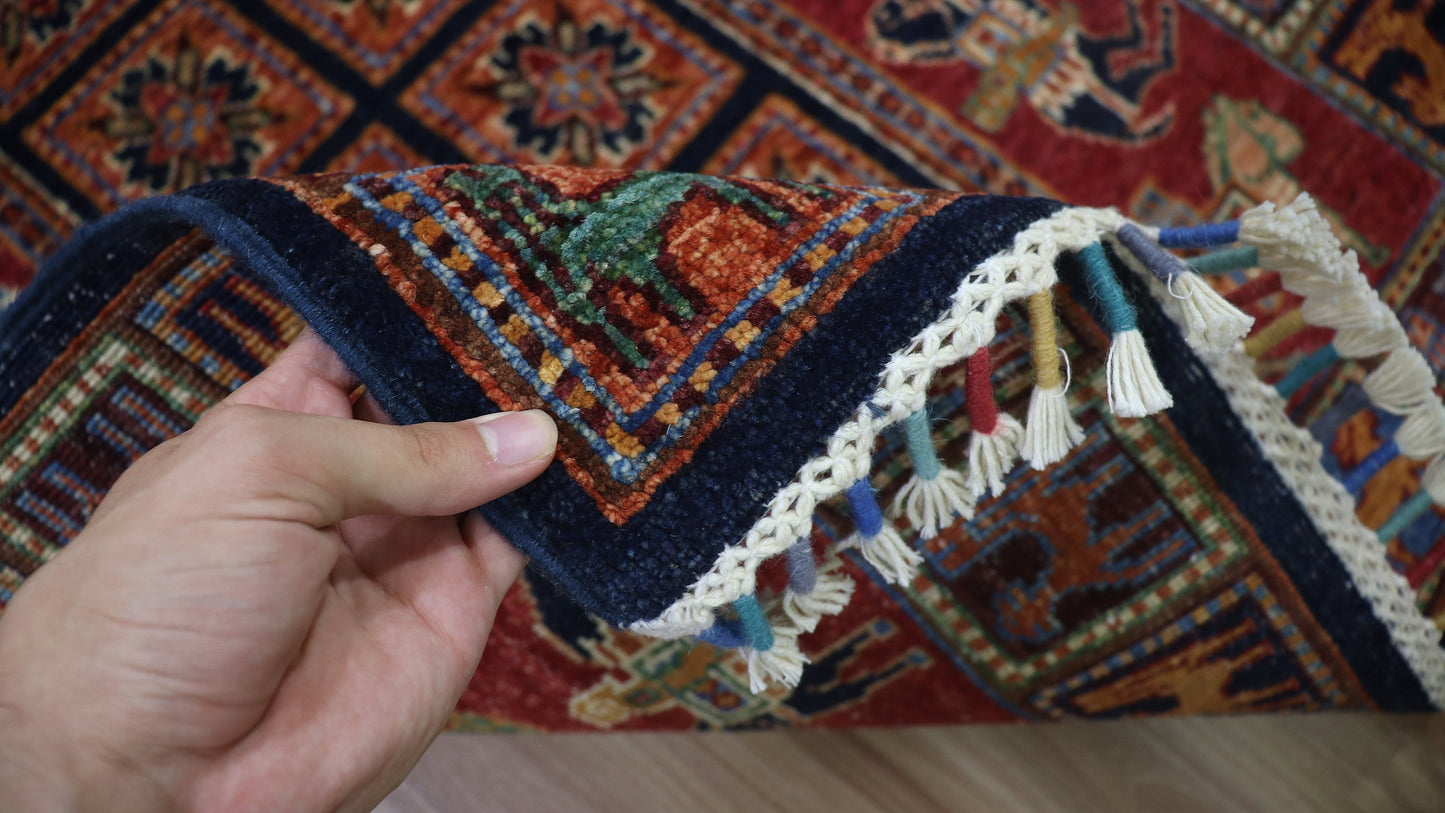 8 Ft Animal Pazyryk Runner Rug, Red Afghan Hand Knotted Wool Traditional Rectangle Carpet, Entryway Rug, Hallway Rug, Kitchen Rug, Foyer Rug