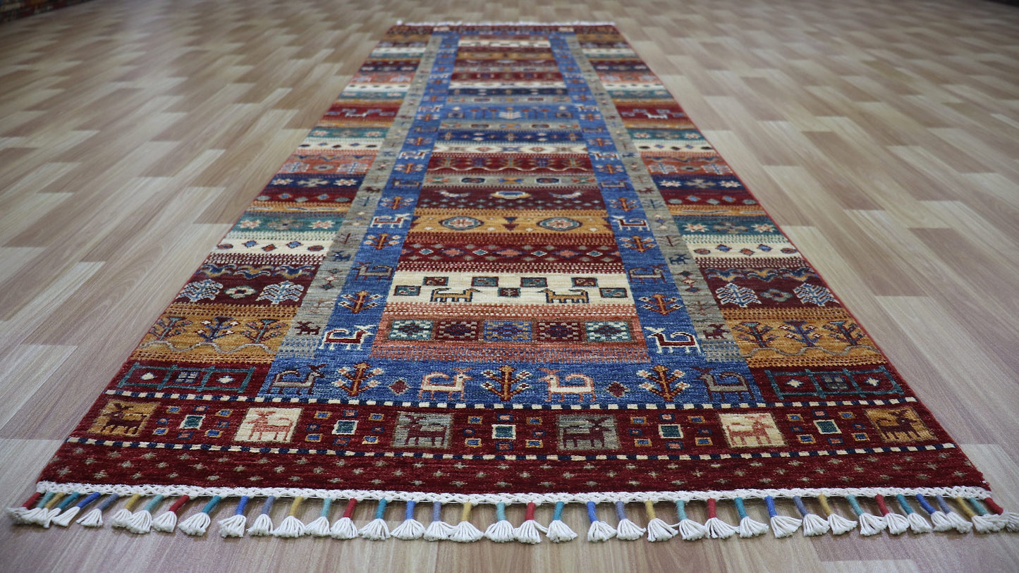 9 Ft Tribal Gabbeh Runner Rug, Red Afghan Hand Knotted Wool Traditional Rectangle Carpet, Entryway Rug, Hallway Rug, Kitchen Rug, Foyer Rug