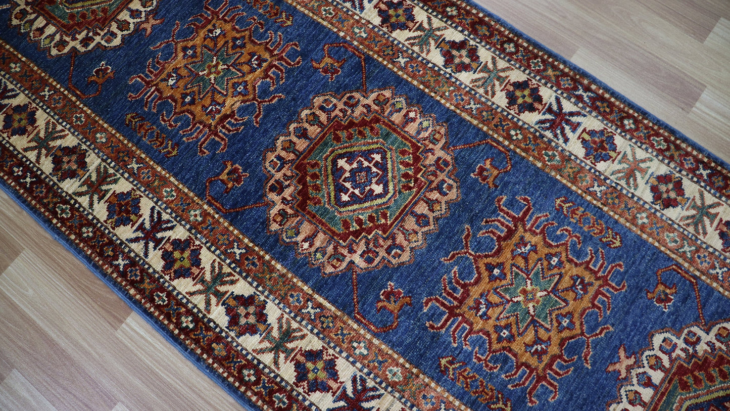 10 Ft Geometric Oriental Runner Rug, Blue Afghan Hand Knotted Wool Traditional Rectangle Carpet, Entryway Rug, Hallway Rug, Kitchen Rug