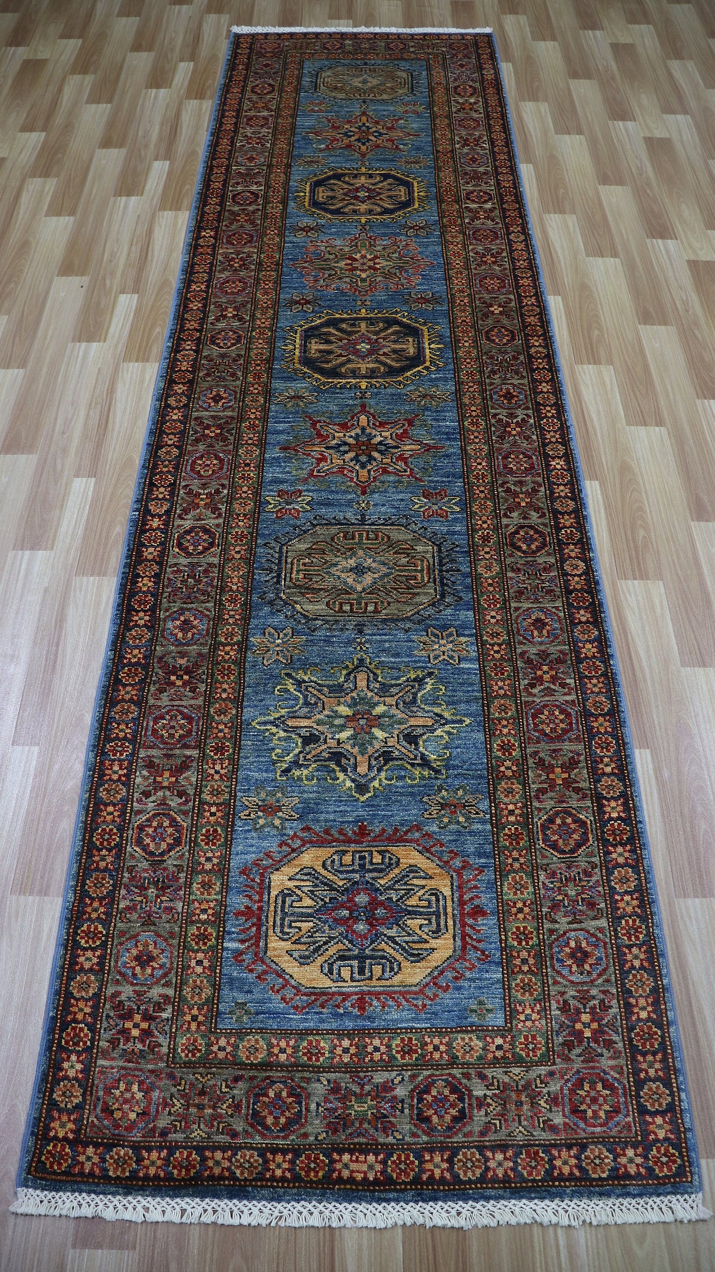 11 Ft Geometric Kazak Runner Rug, Afghan Hand Knotted Wool Traditional Rectangle Carpet, Entryway Rug, Hallway Rug, Kitchen Rug, Foyer Rug