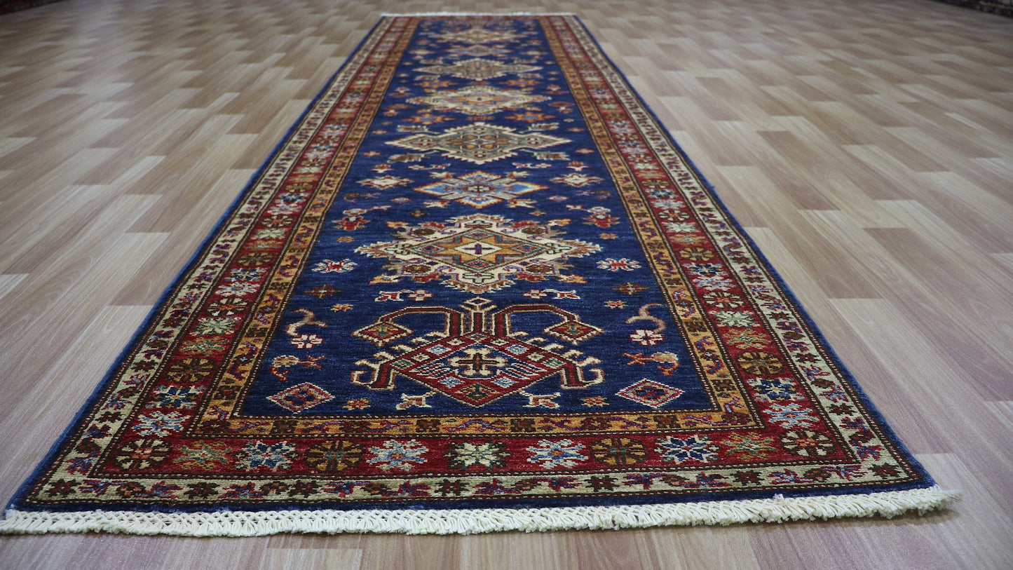 10 Ft Kazak Oriental Runner Rug, Afghan Hand Knotted Wool Traditional Rectangle Carpet, Entryway Rug, Hallway Rug, Kitchen Rug, Foyer Rug