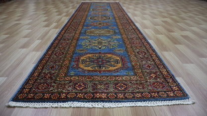 11 Ft Oriental Kazak Runner Rug, Blue Afghan Hand Knotted Wool Traditional Rectangle Carpet, Entryway Rug, Hallway Rug, Kitchen & Foyer Rug