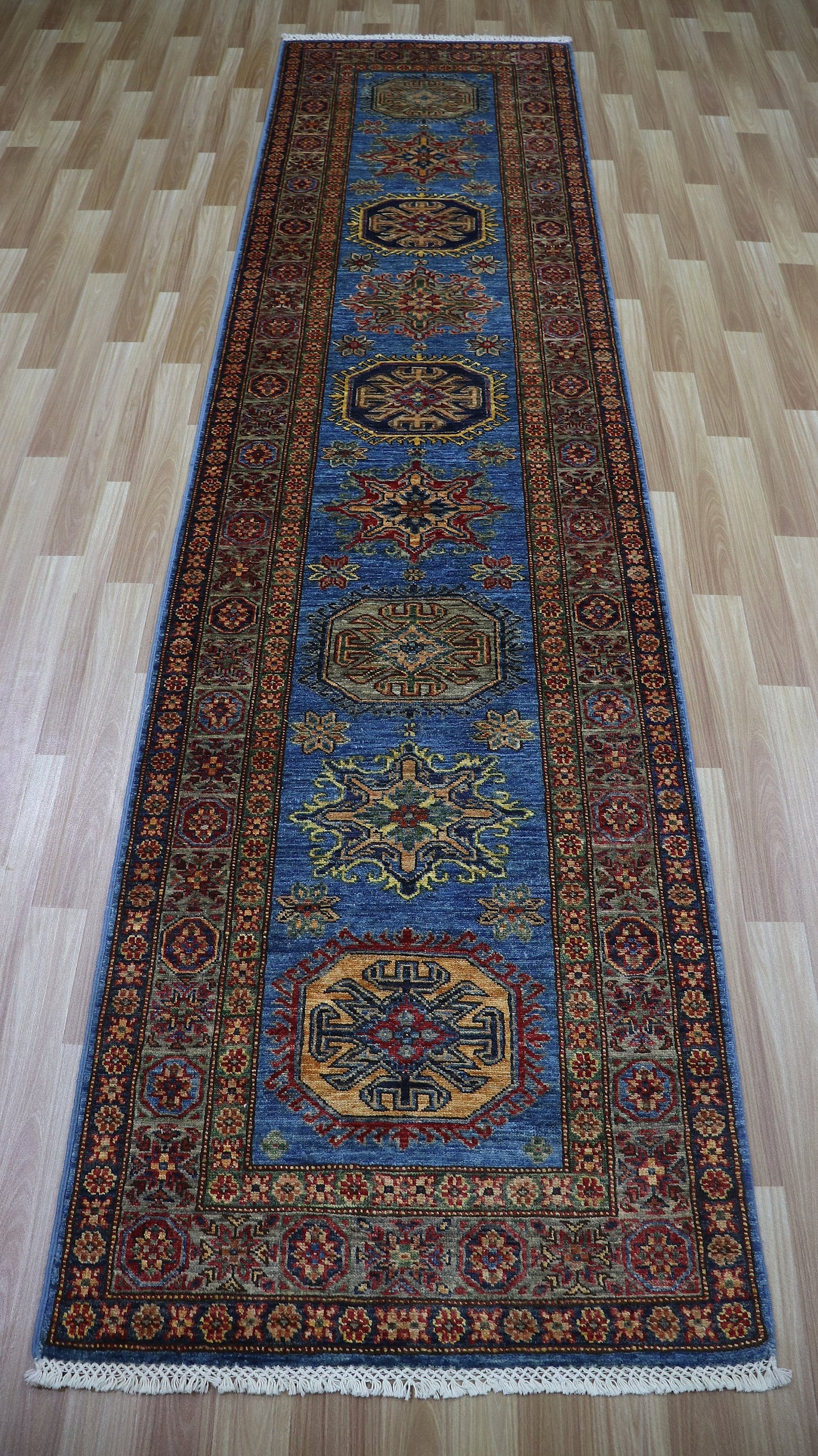 11 Ft Oriental Kazak Runner Rug, Blue Afghan Hand Knotted Wool Traditional Rectangle Carpet, Entryway Rug, Hallway Rug, Kitchen & Foyer Rug