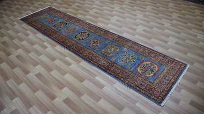 11 Ft Oriental Kazak Runner Rug, Blue Afghan Hand Knotted Wool Traditional Rectangle Carpet, Entryway Rug, Hallway Rug, Kitchen & Foyer Rug