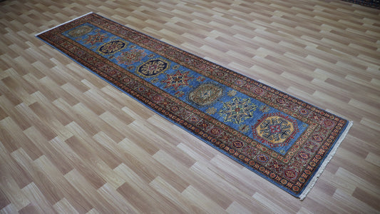 11 Ft Oriental Kazak Runner Rug, Blue Afghan Hand Knotted Wool Traditional Rectangle Carpet, Entryway Rug, Hallway Rug, Kitchen & Foyer Rug