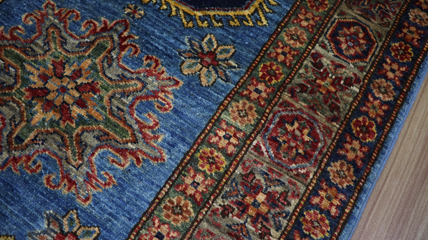 11 Ft Oriental Kazak Runner Rug, Blue Afghan Hand Knotted Wool Traditional Rectangle Carpet, Entryway Rug, Hallway Rug, Kitchen & Foyer Rug