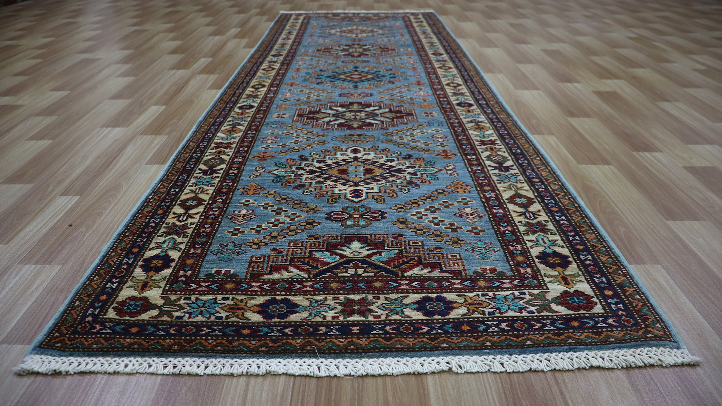 9 Ft Oriental Kazak Runner Rug, Afghan Hand Knotted Wool Traditional Rectangle Carpet, Entryway Rug, Hallway Rug, Kitchen Rug, Foyer Rug