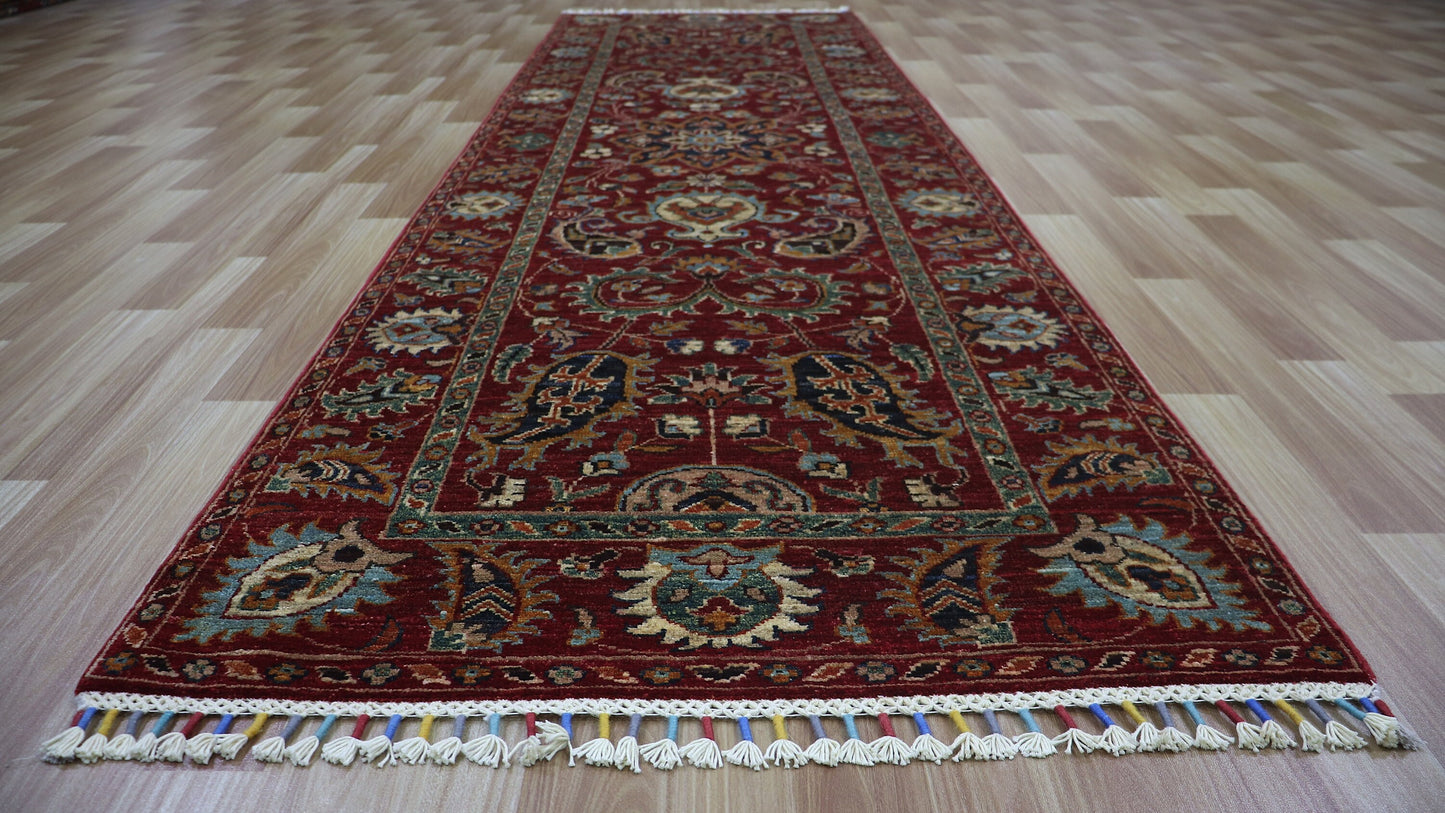 10 Ft Floral Bidjar Runner Rug, Red Afghan Hand Knotted Wool Traditional Rectangle Carpet, Entryway Rug, Hallway Rug, Kitchen Rug, Foyer Rug