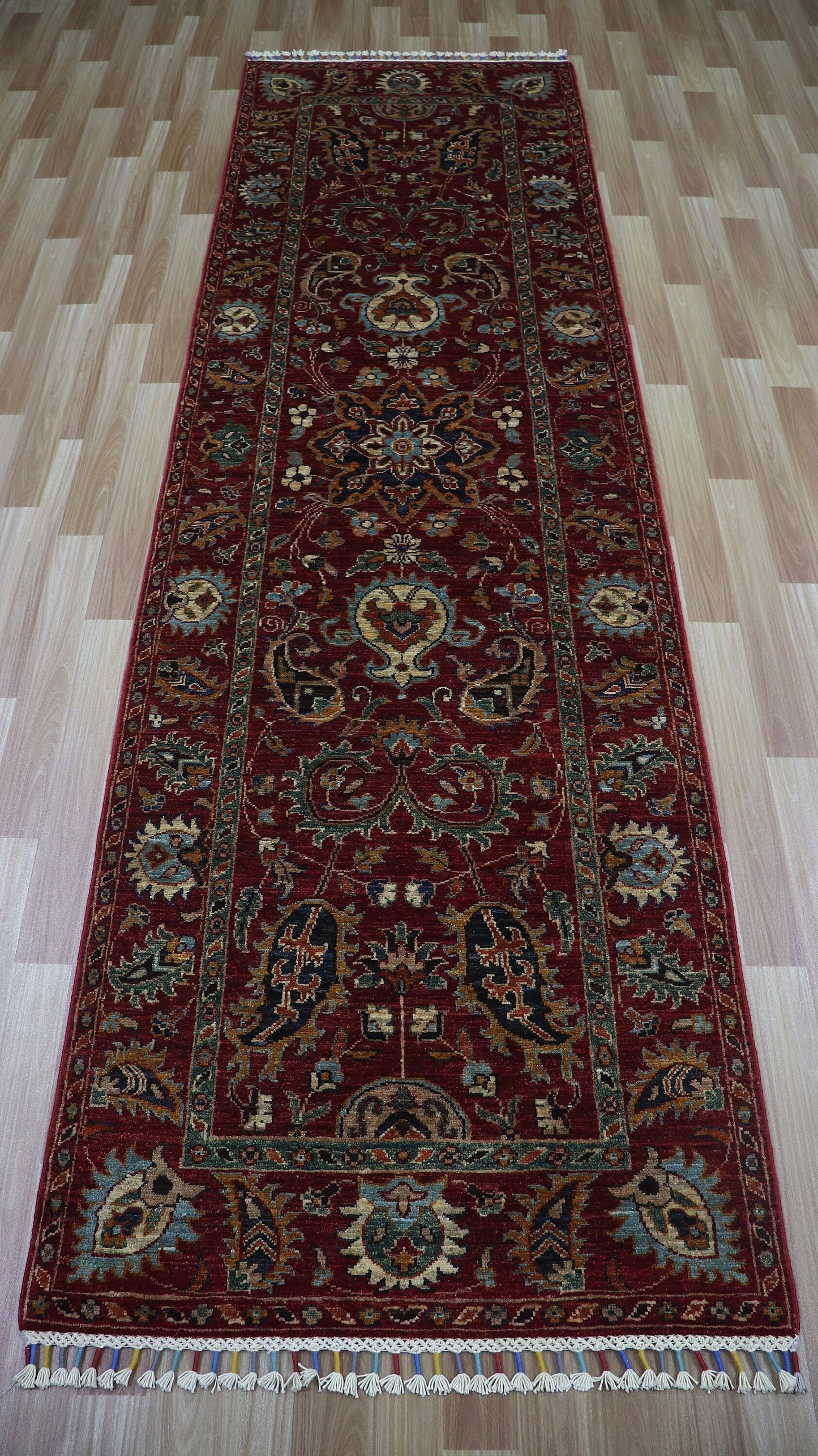 10 Ft Floral Bidjar Runner Rug, Red Afghan Hand Knotted Wool Traditional Rectangle Carpet, Entryway Rug, Hallway Rug, Kitchen Rug, Foyer Rug