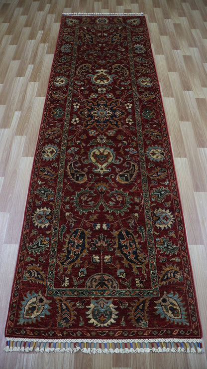 10 Ft Floral Bidjar Runner Rug, Red Afghan Hand Knotted Wool Traditional Rectangle Carpet, Entryway Rug, Hallway Rug, Kitchen Rug, Foyer Rug