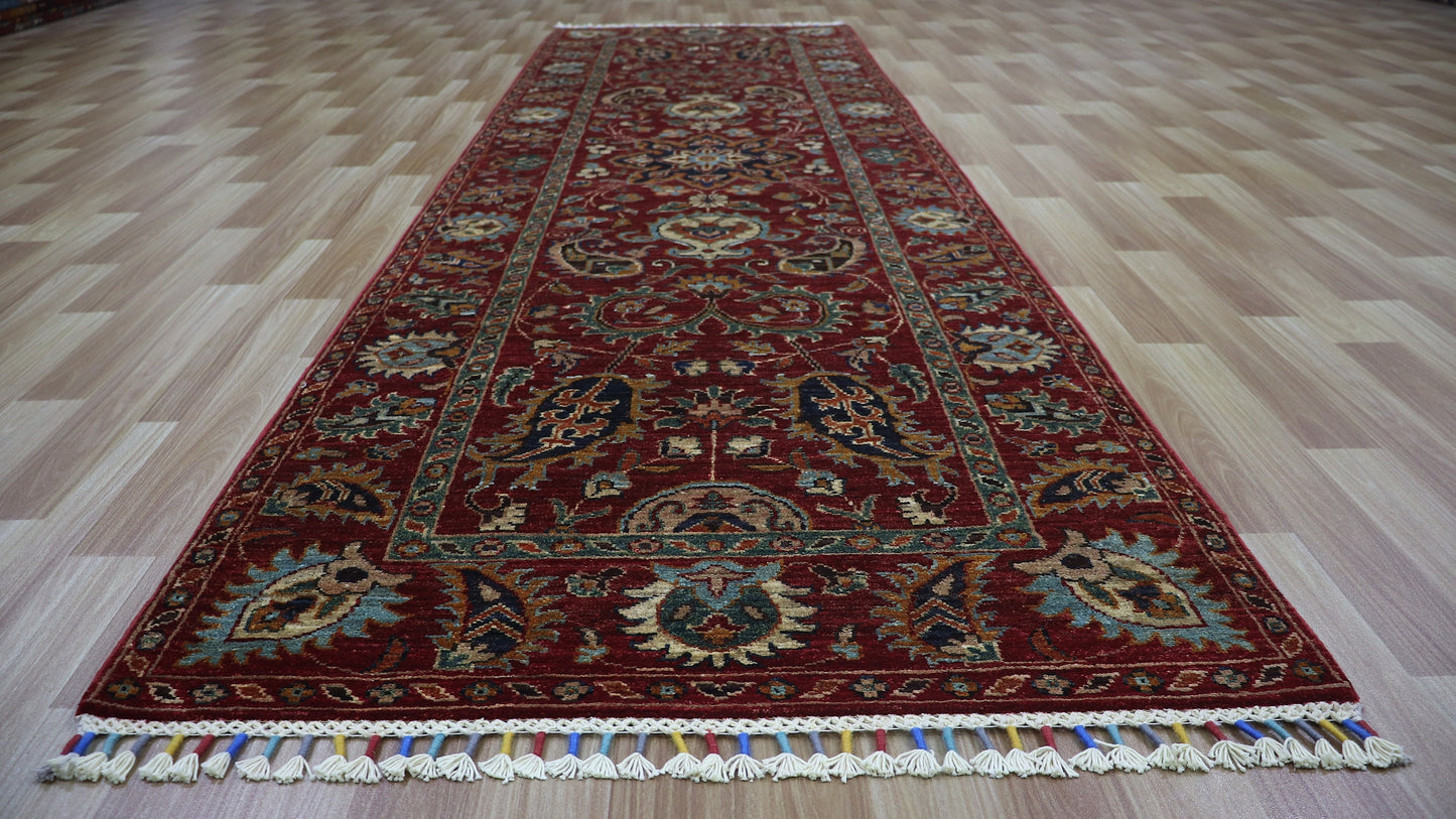 10 Ft Bidjar Floral Runner Rug, Red Afghan Hand Knotted Wool Traditional Rectangle Carpet, Entryway Rug, Hallway Rug, Kitchen Rug, Foyer Rug